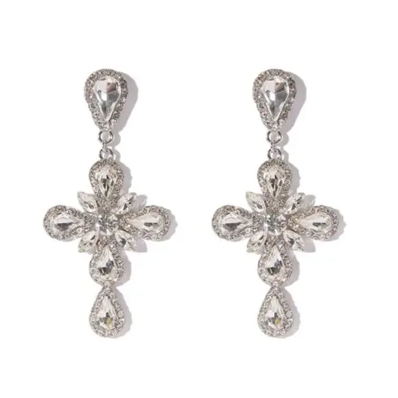 Fashion Nova Goddess of Grace Large Cross Glam Earrings in Silver - Picture 1 of 4